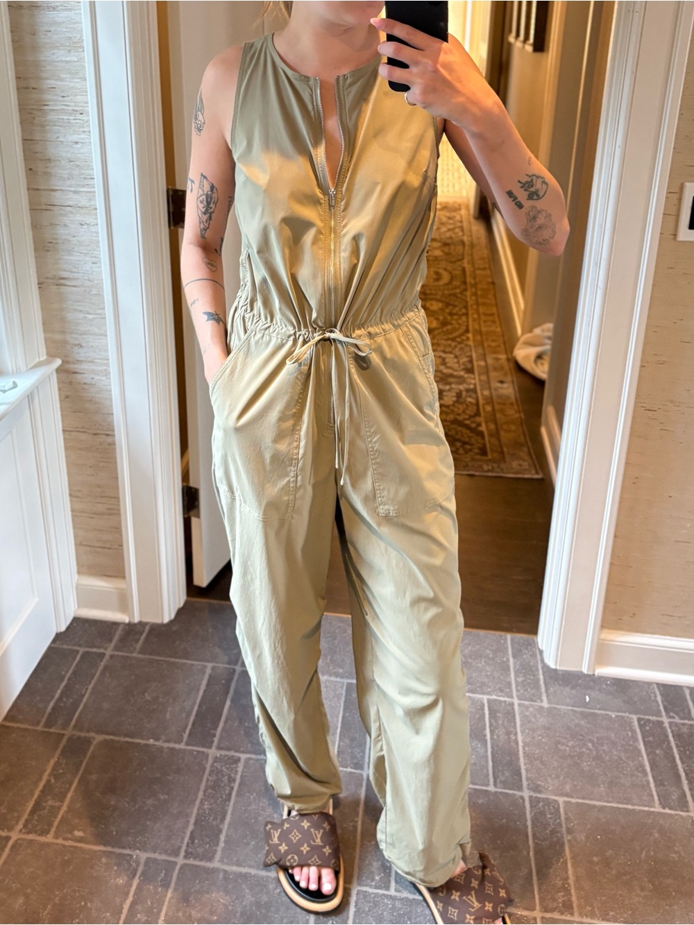 Athleta Olive Green Sleeveless Drawstring Jumpsuit